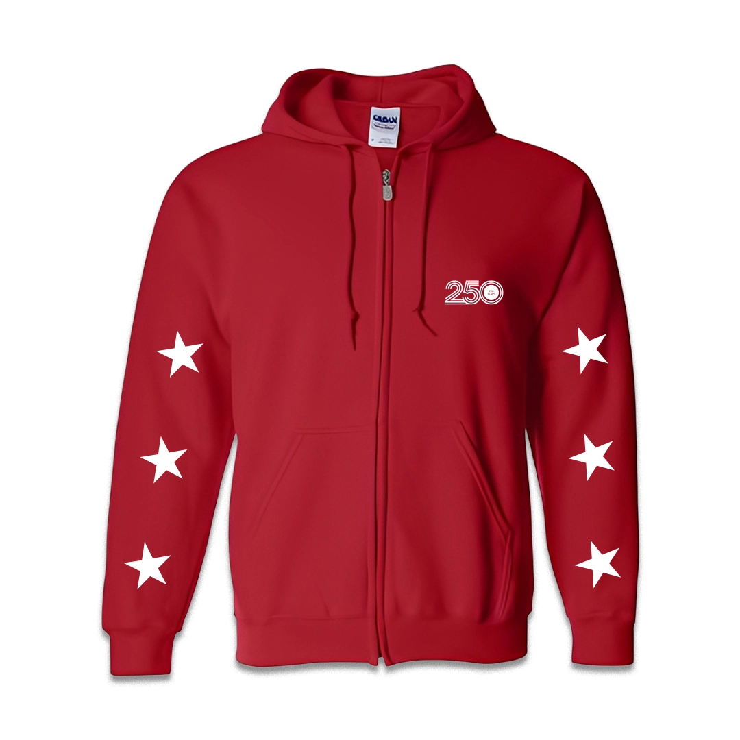 Unisex Red Zip Up Hoodie — 250 Years