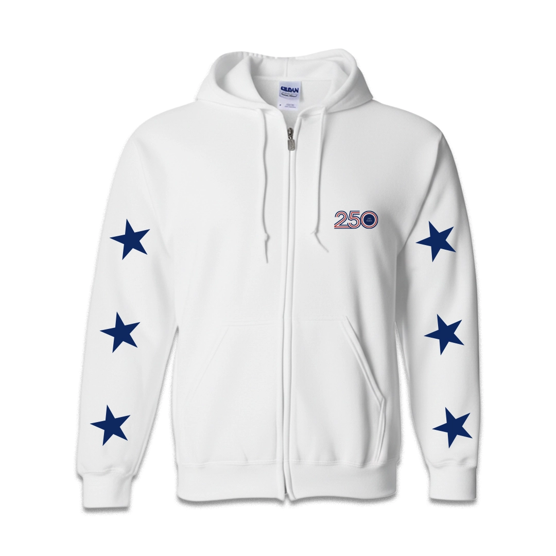 Unisex White Zip Up Hoodie — 250 Years