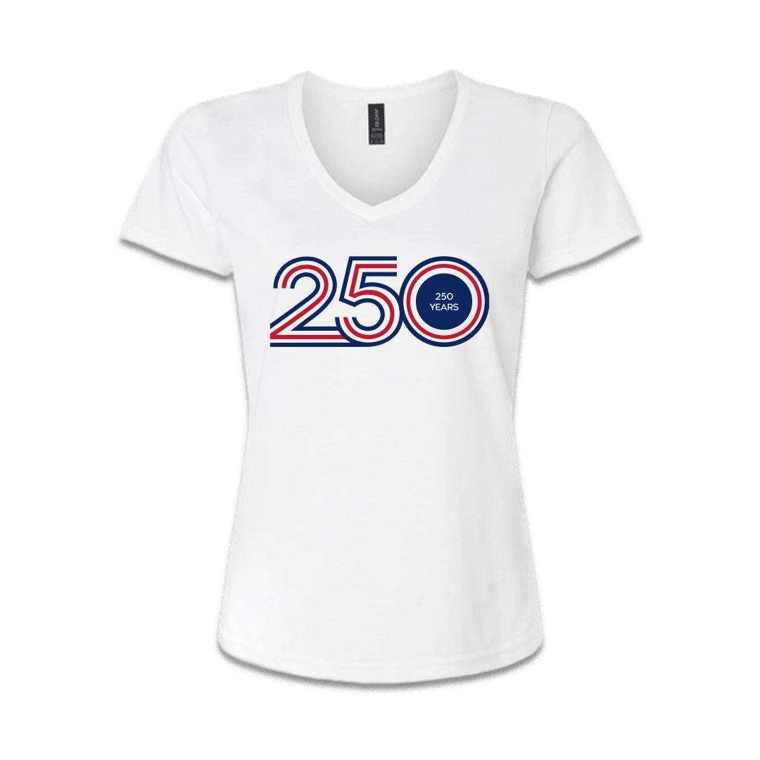 Women's White V-Neck Shirt — 250 Years of Freedom